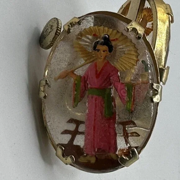 Vintage Geisha Earrings Clip On Twist On Hand Painted Gold Oval Earrings - Picture 3 of 9